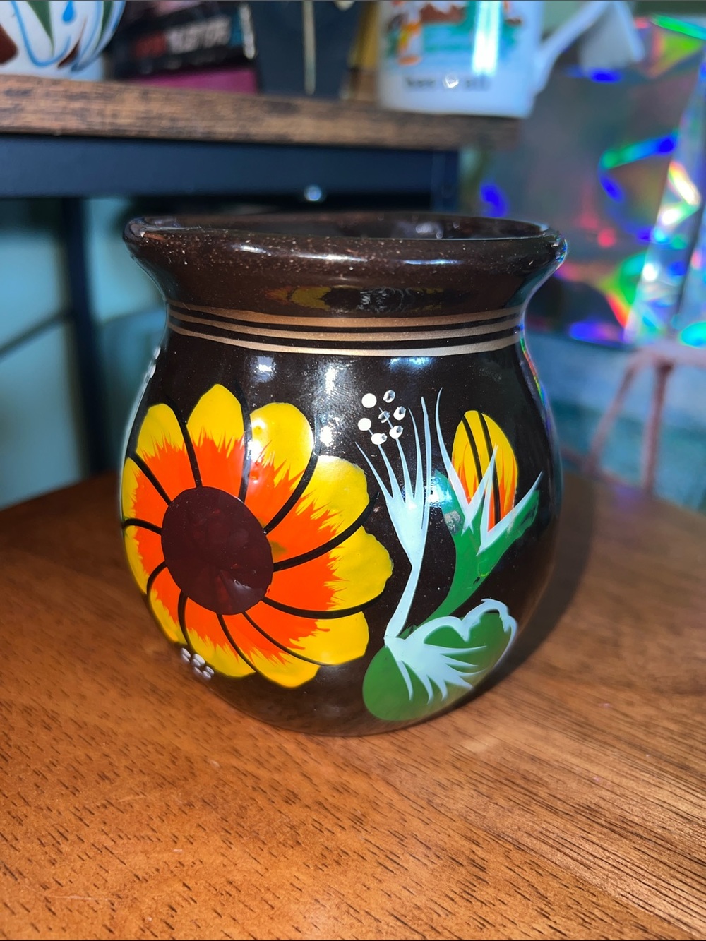 Mexican Hand-Painted Floral Ceramic Mug - Brown and Yellow